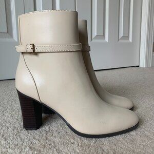 Ann Taylor Women's Buckle High Heel Leather Booties, Ecru Cloud, size 9 NWOB